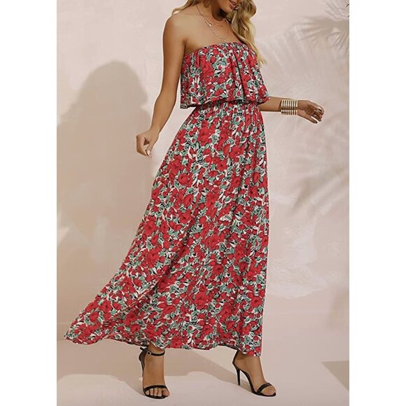 Boho‎ Red Floral Printed Ruffle Strapless Flowy Long Summer Maxi Dress - Picture 3 of 6